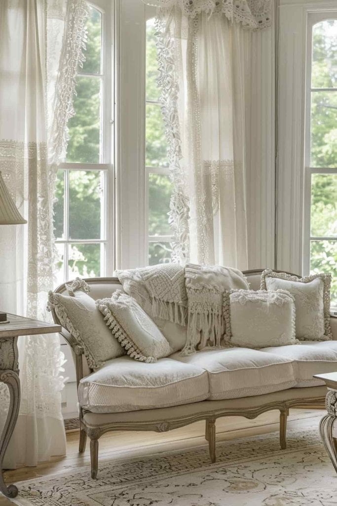 French Style Sofa with Lace Window Treatments and Distressed Frame
