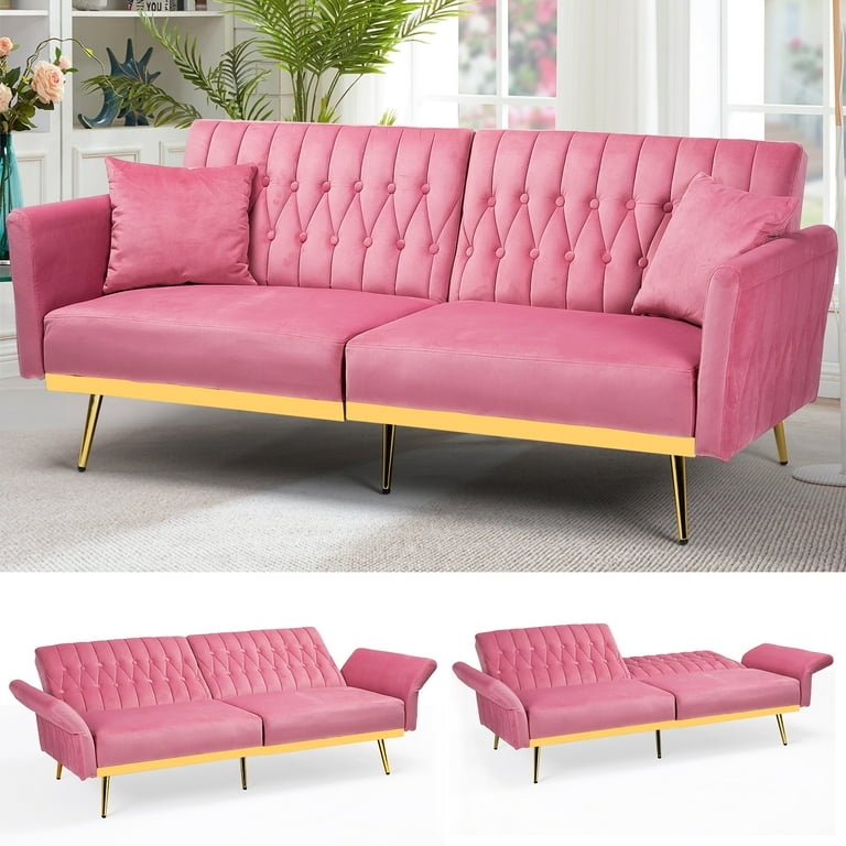 Futon Sofa with Adjustable Armrests and Gold Base Trim