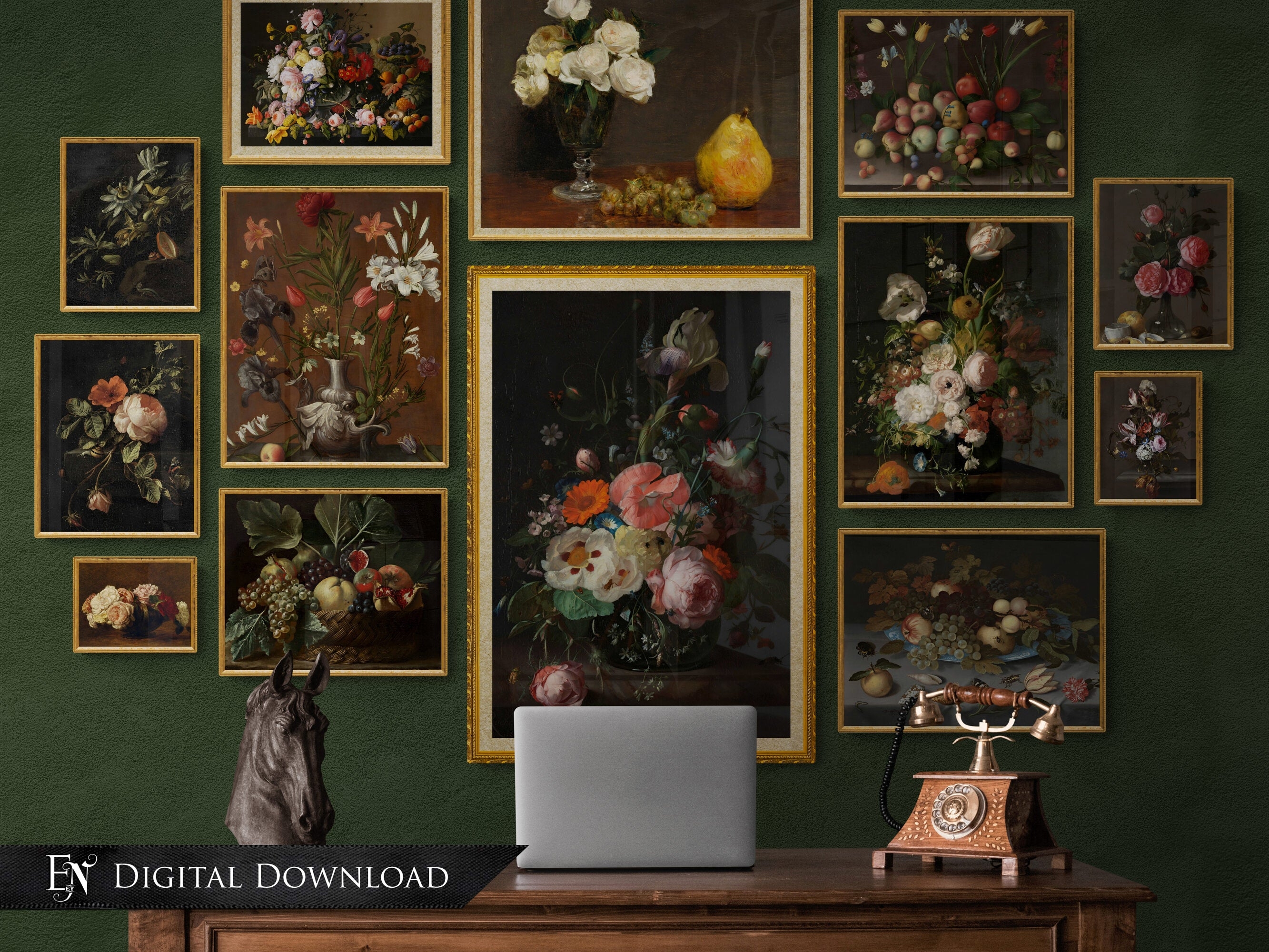 Gallery Wall Set: Curated Botanical Florals on Forest Green