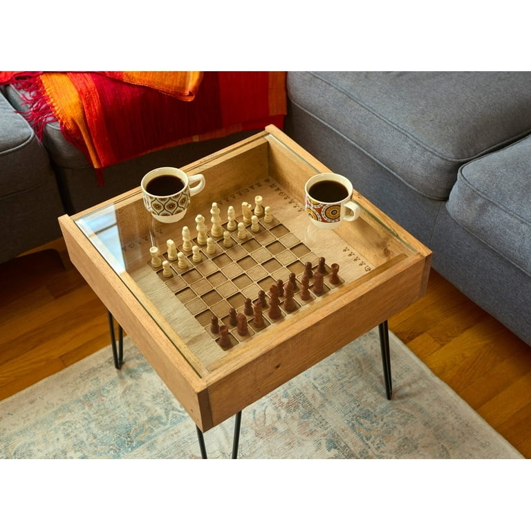 Game Coffee Table Natural Wood, Hairpin Leg Game Table Glass Top