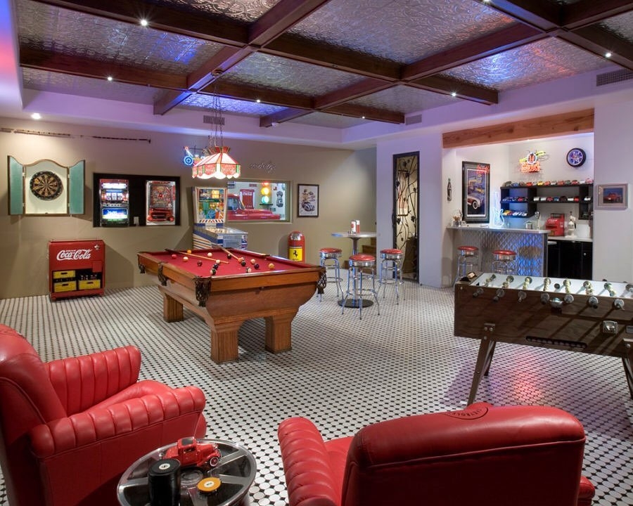 Game Room Set with Checkered Floor and Red Felt for Retro Room Design