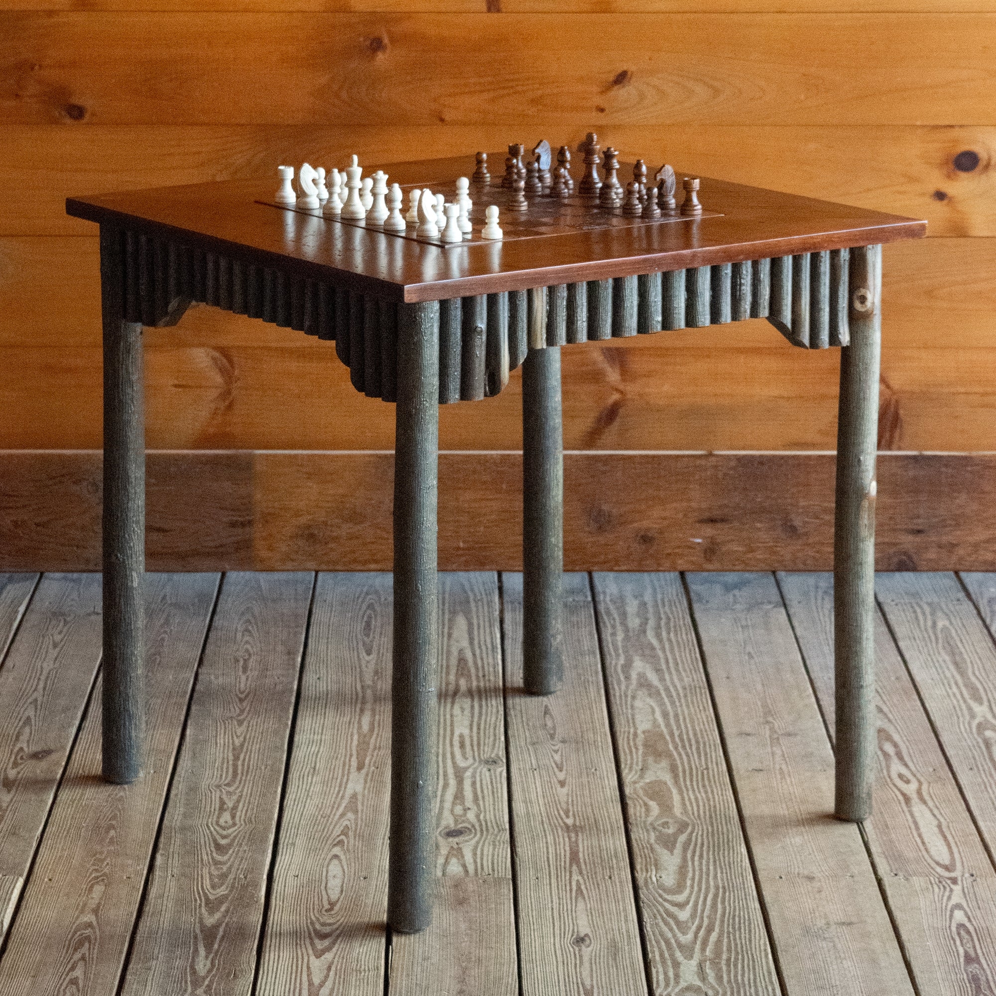 Game Table Adirondack Style, Log Cabin Furniture with Bark Log Legs