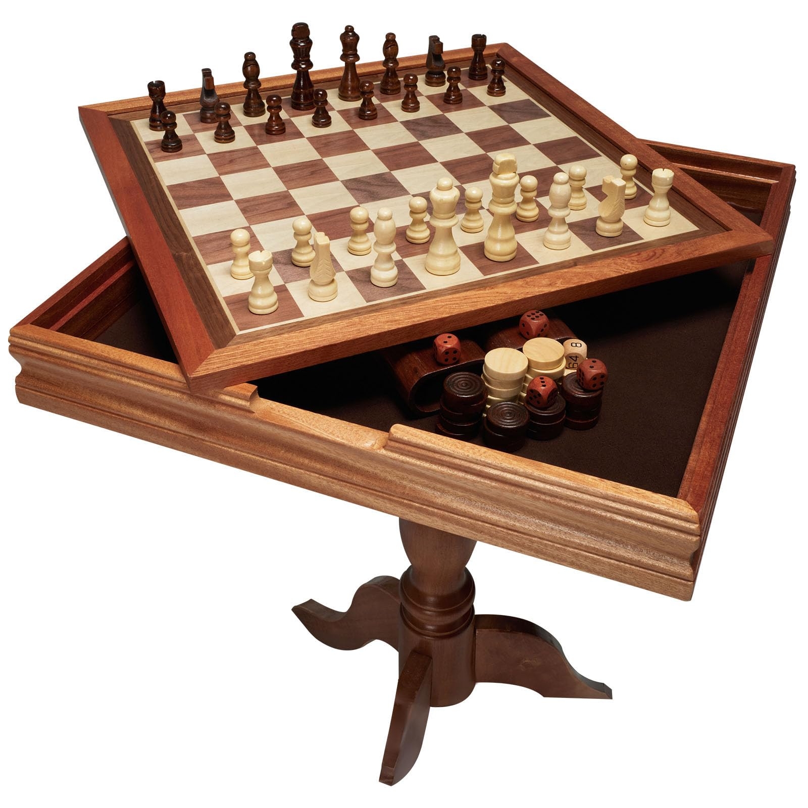 Game Table Mahogany Set, 3-in-1 Design Hidden Storage Chess Set