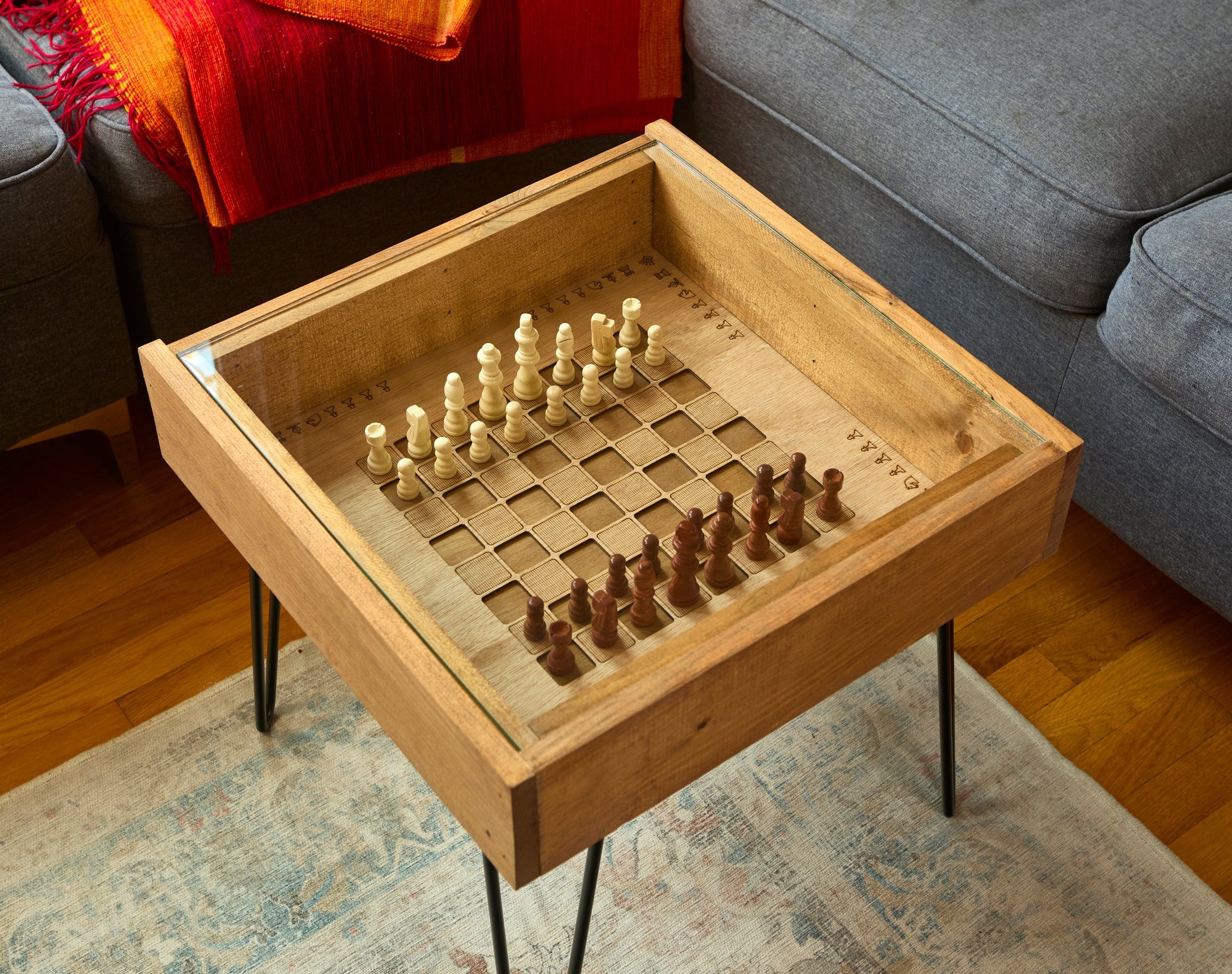 Game Table Rustic Wood, Industrial Wood Game Table with Grid Engraving