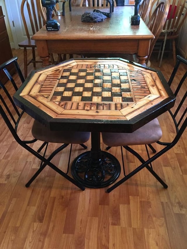 Game Table Upcycled Wood, Salvaged Wood Furniture Scrollwork Base