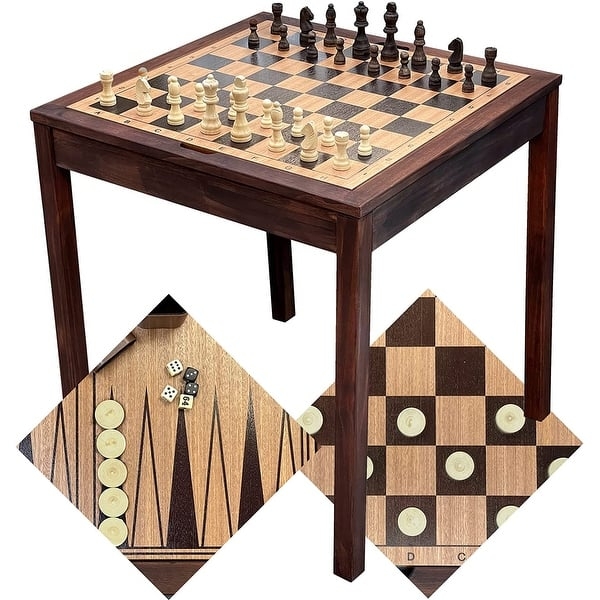 Game Table Walnut Finish, 3 in 1 Chess Table Reversible Board
