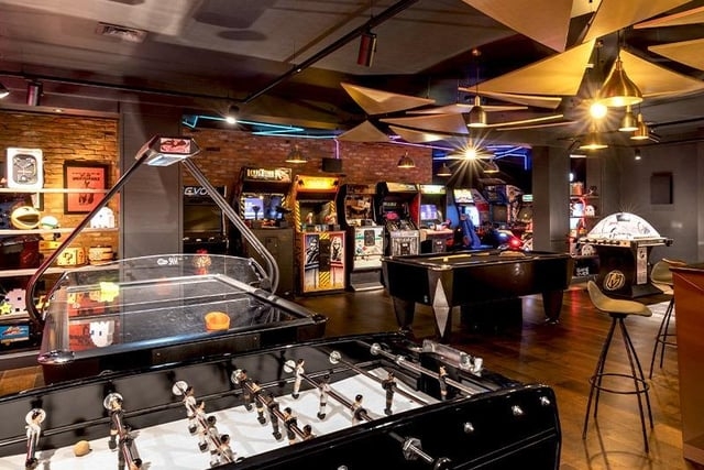 Games Room with Geometric Ceiling Panels for Industrial Lighting Ideas