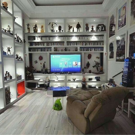 Gaming Media Room with Backlit Cabinetry for Modern Man Cave Storage