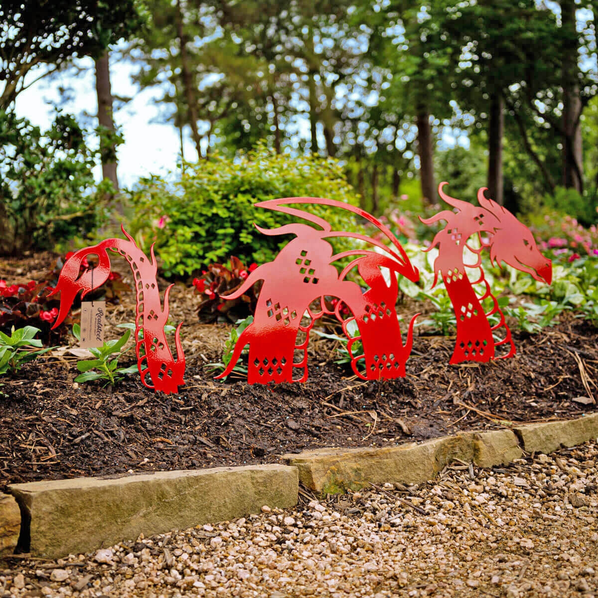 Garden Art with Scale Pattern Cutouts Three Piece Red Dragon