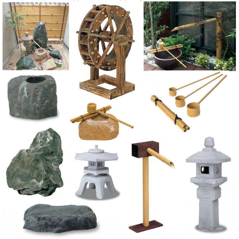 Garden Decor Carved Stone Lanterns With Bamboo Accents
