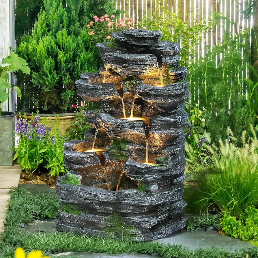 Garden Fountain: 7 Tier Cascade with Warm Amber LED