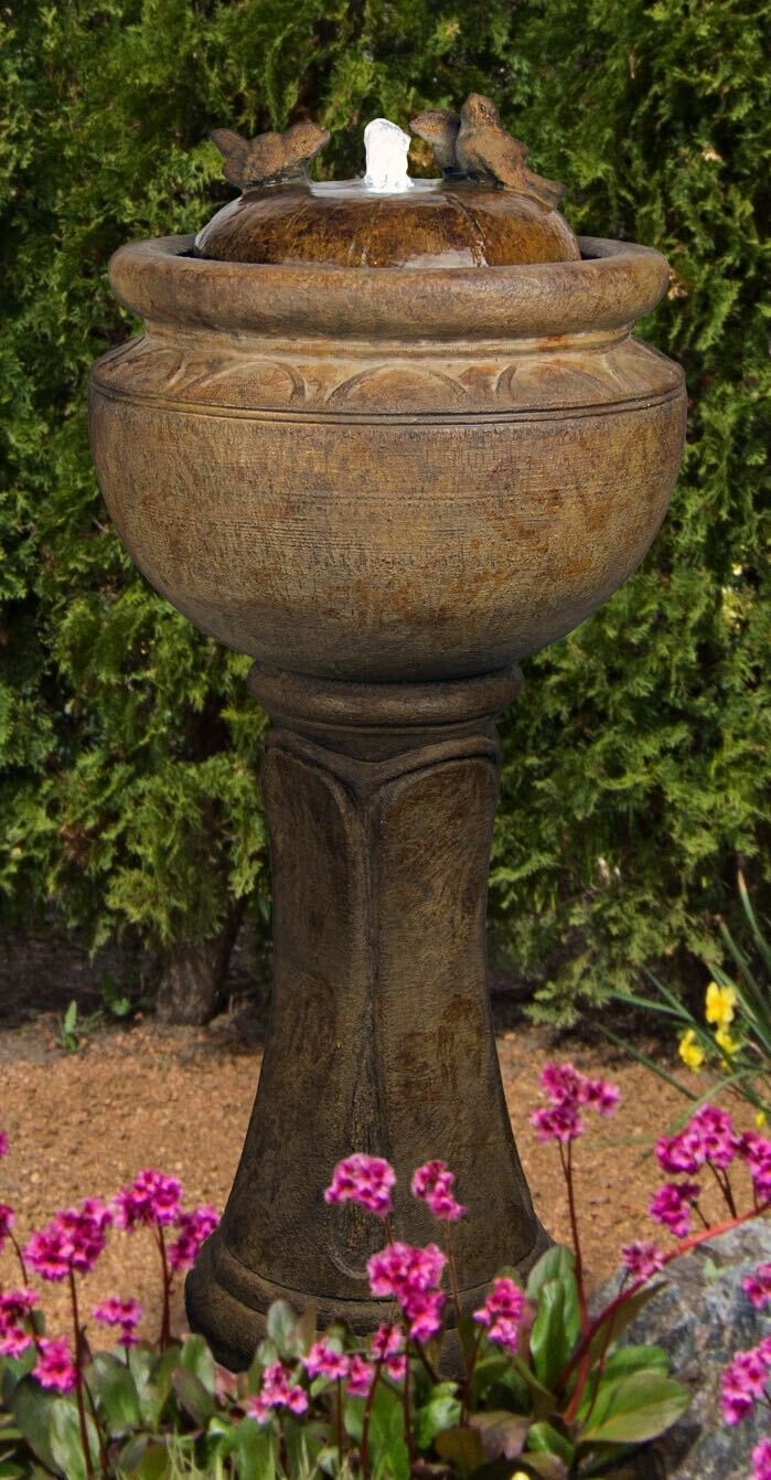 Garden Fountain Bird Topped Bubbler with Distressed Stone Look