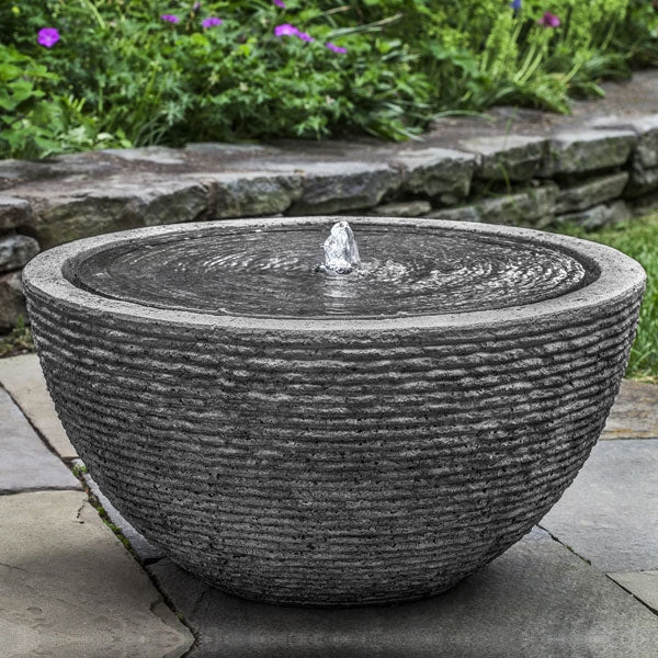 Garden Fountain Charcoal Gray Bowl with Horizontal Ribbed Texture