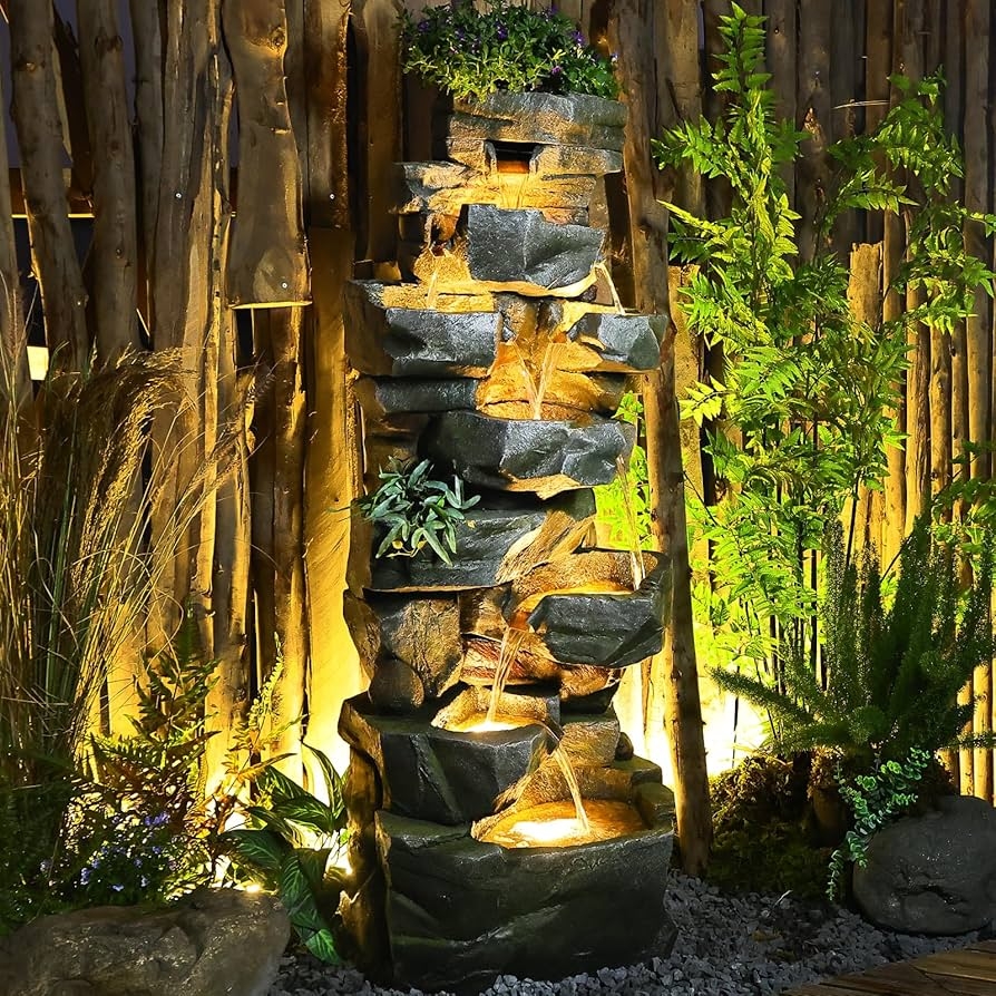 Garden Fountain: Glowing Pools Craggy Rock Facade