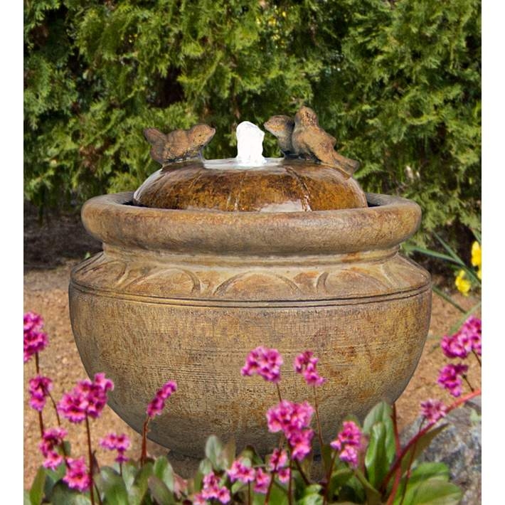 Garden Fountain Weathered Urn with Birds and Integrated LED