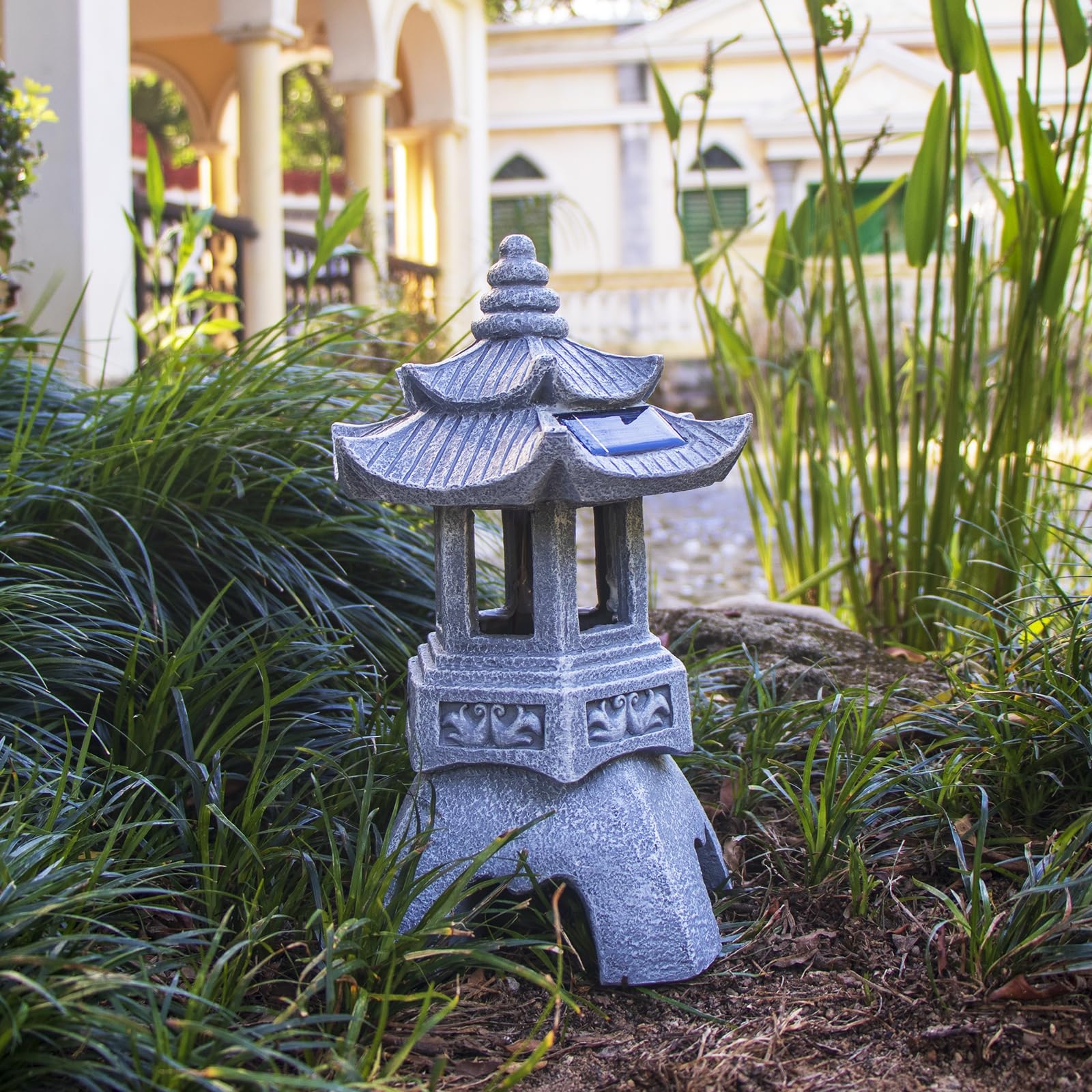 Garden Pagoda Solar Panel Tiered Stone Landscape Light