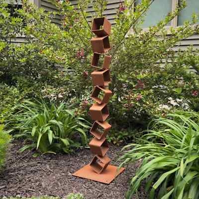 Garden Sculpture featuring Stacked Cubes Modern Rusted Yard Art