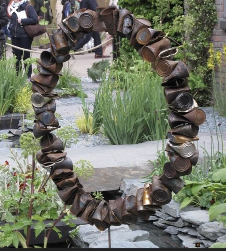 Garden Sculpture with Crushed Cans Upcycled Ring Ornament