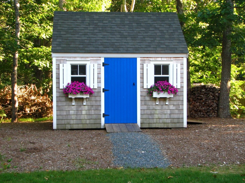 Garden Shed: Blue Door Wood Shake Siding Coastal Ideas