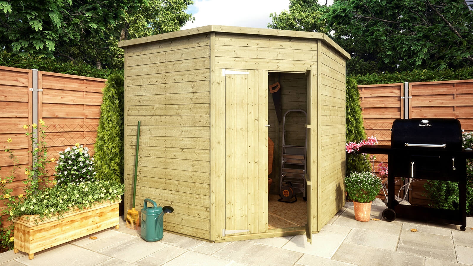 Garden Shed featuring corner pent design and security