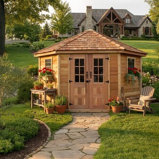 Garden Shed in pentagon shape with integrated planters