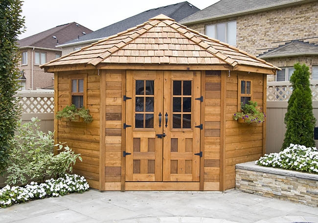 Garden Shed with cedar shingles and five-sided layout