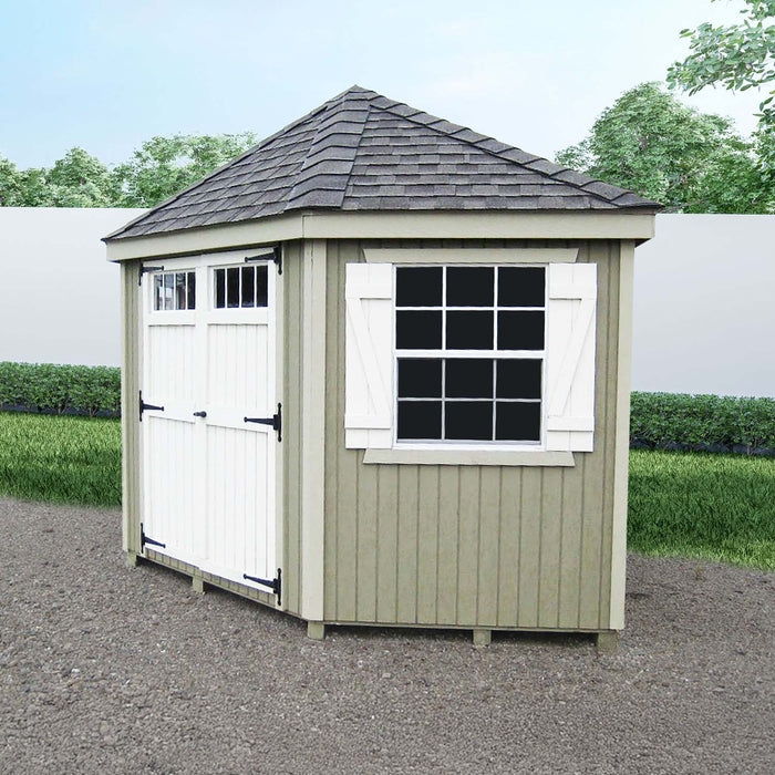 Garden Shed with z-brace shutters and sage green siding