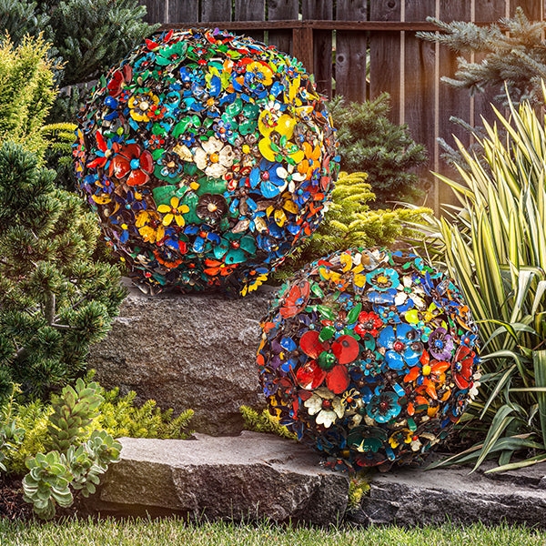 Garden Sphere: Layered Metal Flowers Colorful Outdoor Sculpture