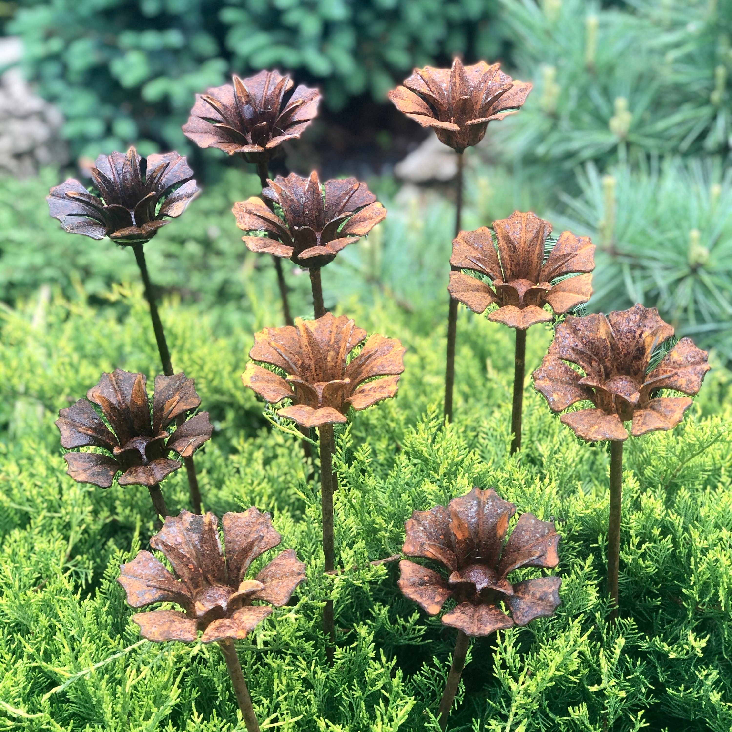 Garden Stakes: Weathered Patina Flower Head Sculpture