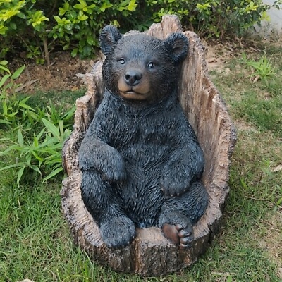 Garden Statue Hollow Stump Base and Bear Cub Tree Stump Figure
