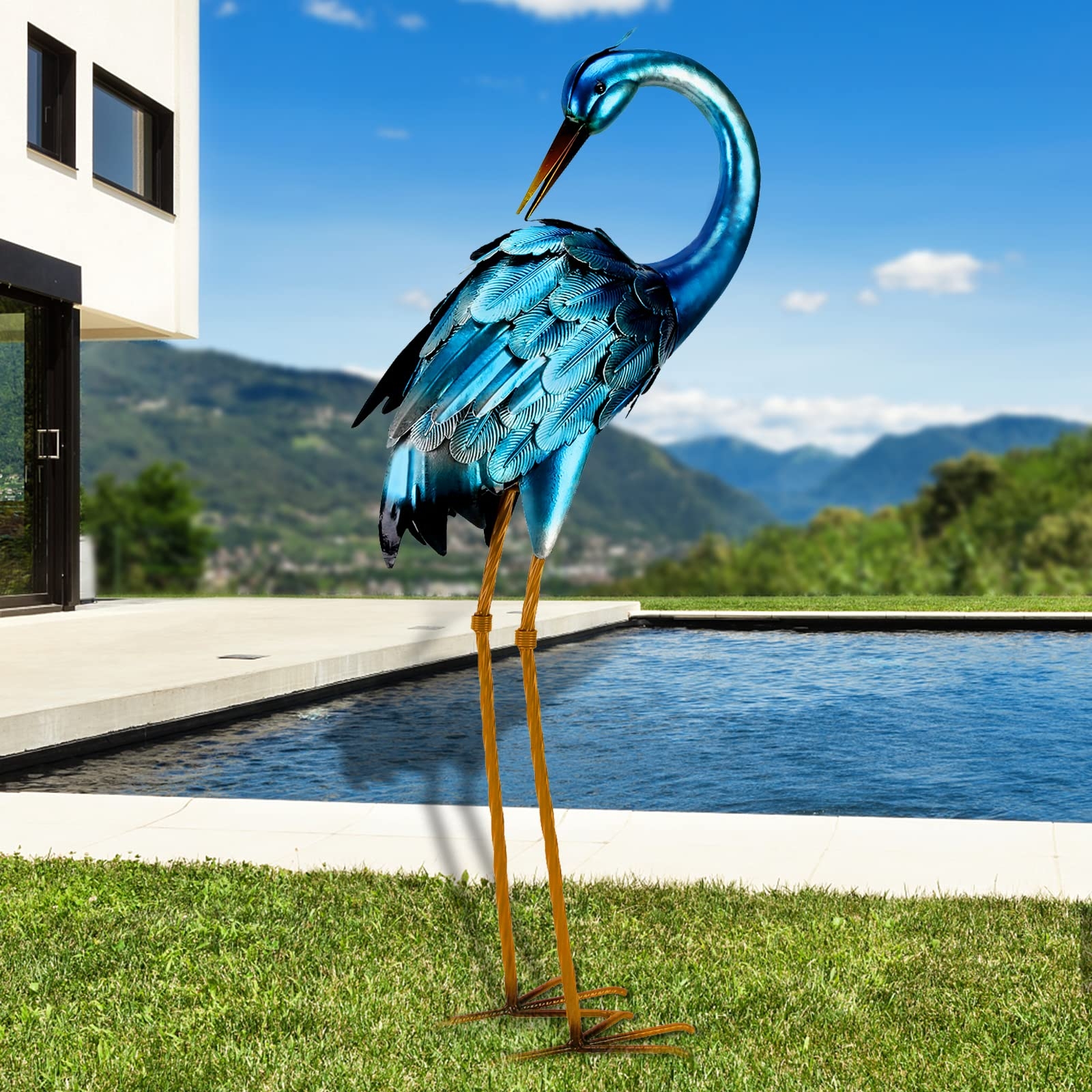 Garden Statue in Preening Pose Metallic Blue Heron Sculpture