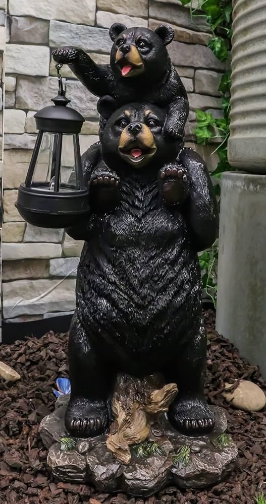 Garden Statue Solar Lantern Bear Family Lodge Garden Bear Statue