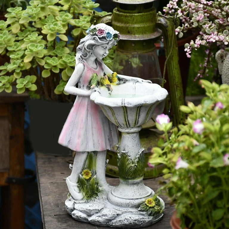 Garden Statue with Flower Crown Whimsical Girl Birdbath Art