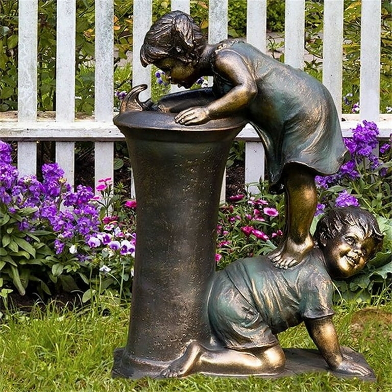 Garden Statue with Girl on Back Antique Bronze Children Art