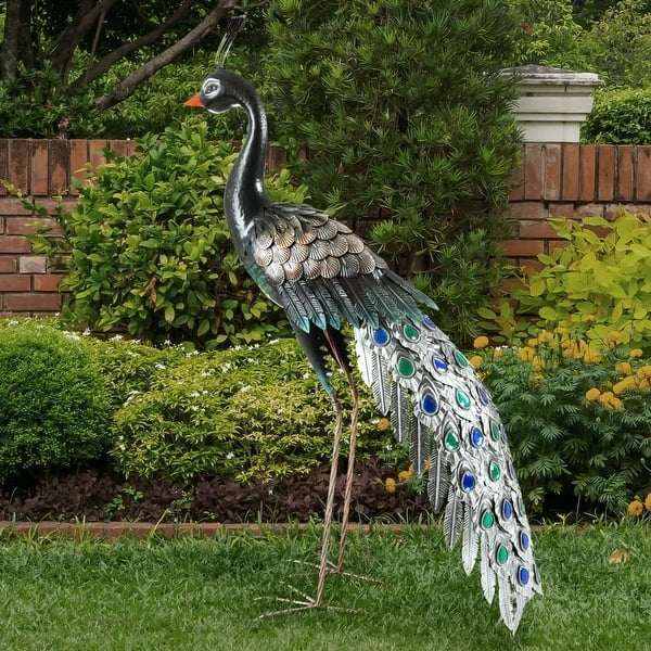 Garden Statue with Jeweled Tail Eyes Blue Peacock Yard Art