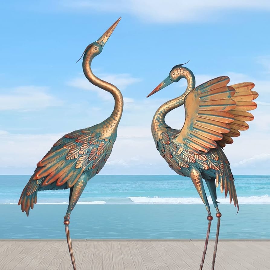Garden Statue with Verdigris Finish Patina Metal Crane Set