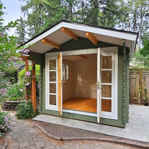 Garden Studio: Sage Green Exposed Wood Overhang Office