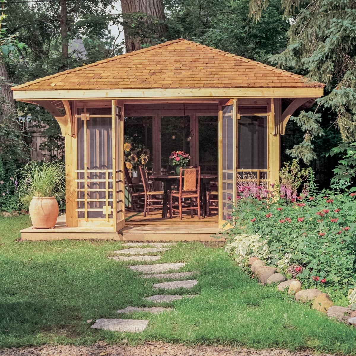 Gazebo Amber Wood Hip Roof Curved Corbels DIY Cedar Screen House