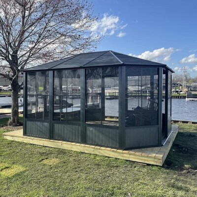 Gazebo Charcoal Black Hardtop Roof Weatherproof Screen Room