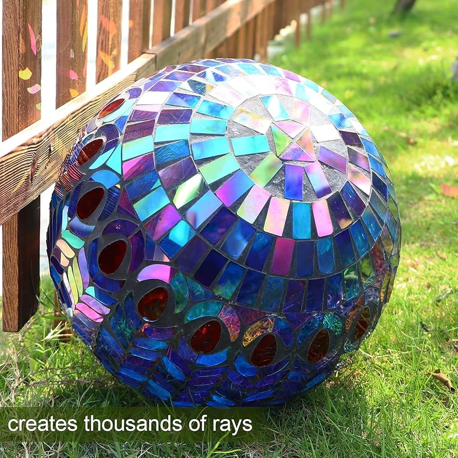 Gazing Ball: Iridescent Blue Geometric Mosaic Garden Sphere