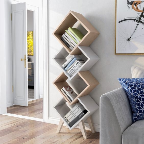 Geometric Bookcase White Diamond Shaped Cubes Tapered Legs