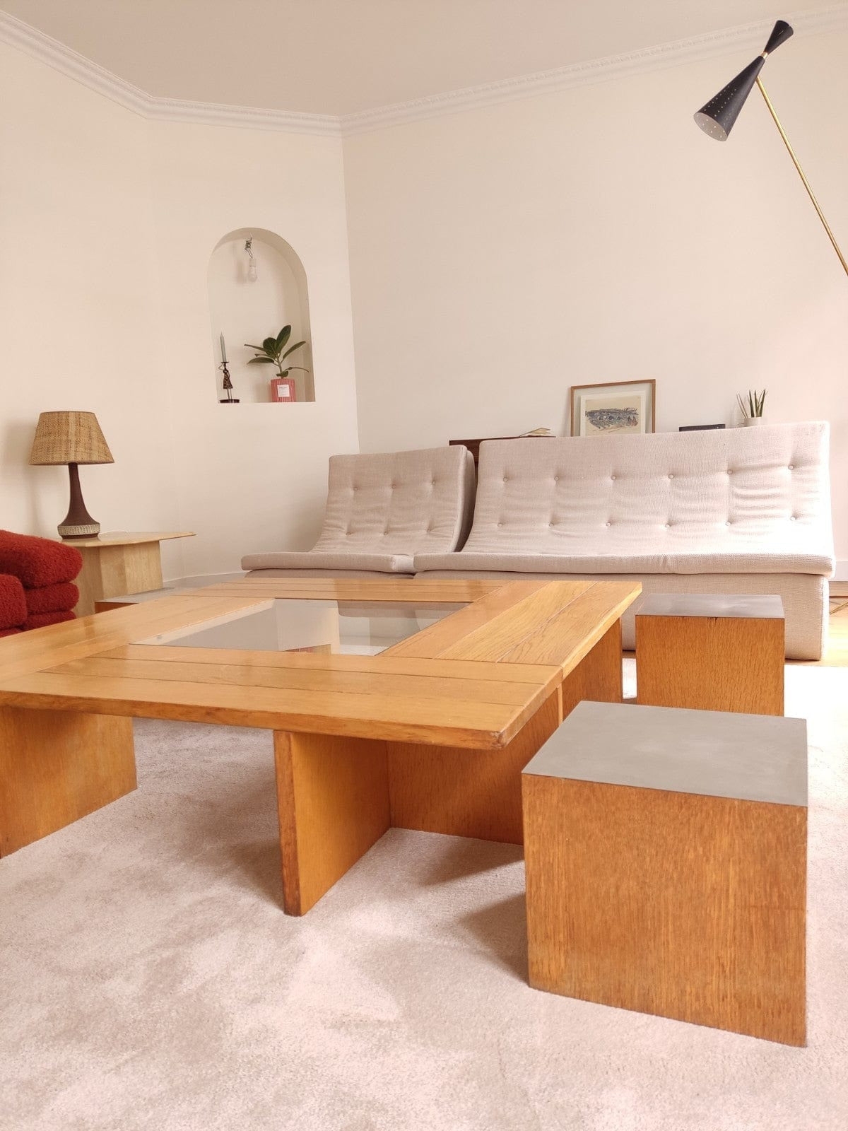 Geometric Coffee Table Set with Inset Glass and Stools