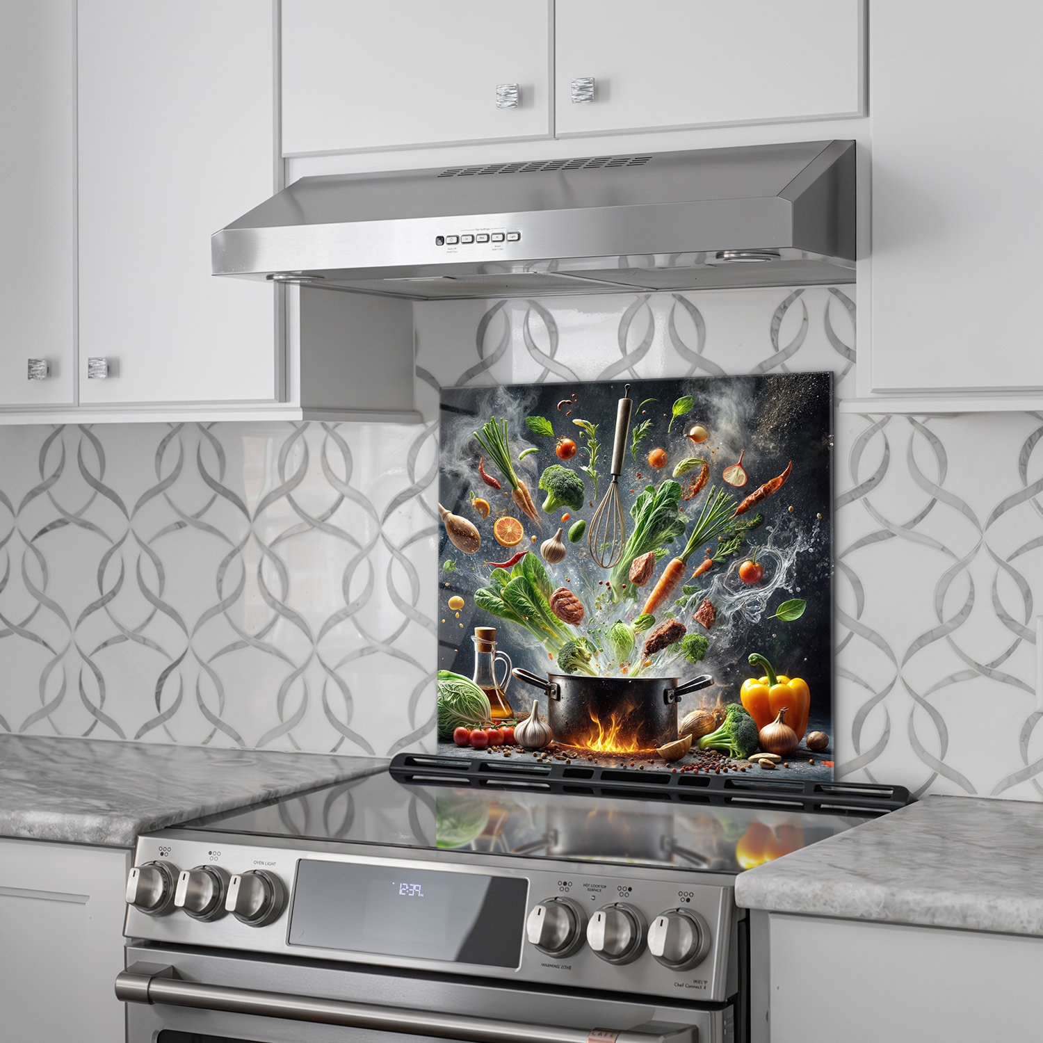 Glass Backsplash Flavor Explosion Kitchen Decor with Food Graphic