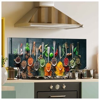 Glass Backsplash Spice Spoon Print for Vibrant Spice Kitchen Decor