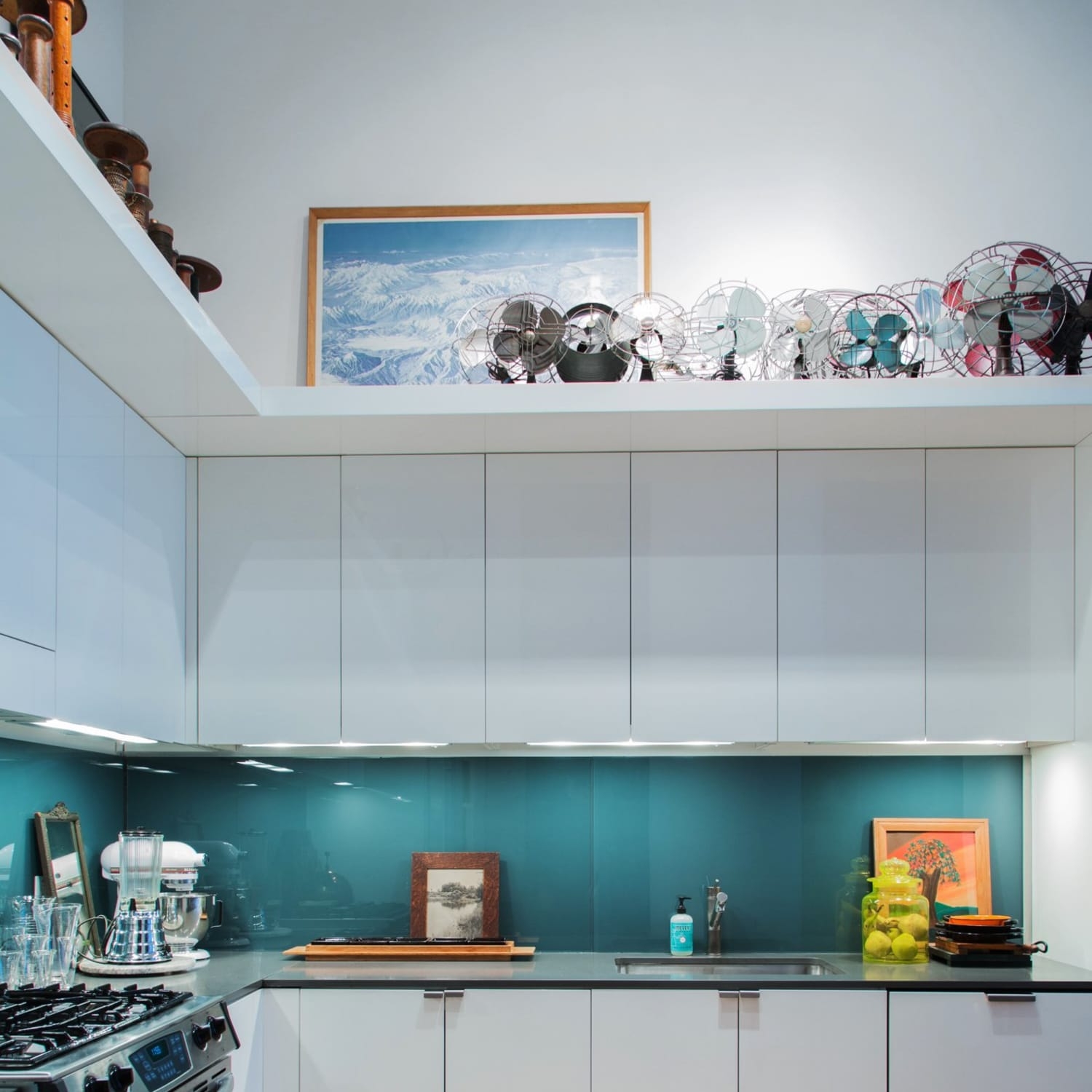 Glass Backsplash Teal Blue Panel with Vintage Fan Collection Accents
