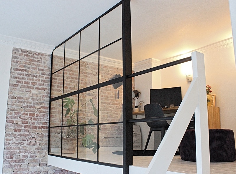 Glass Partition: Mezzanine Level Exposed Brick Home Office