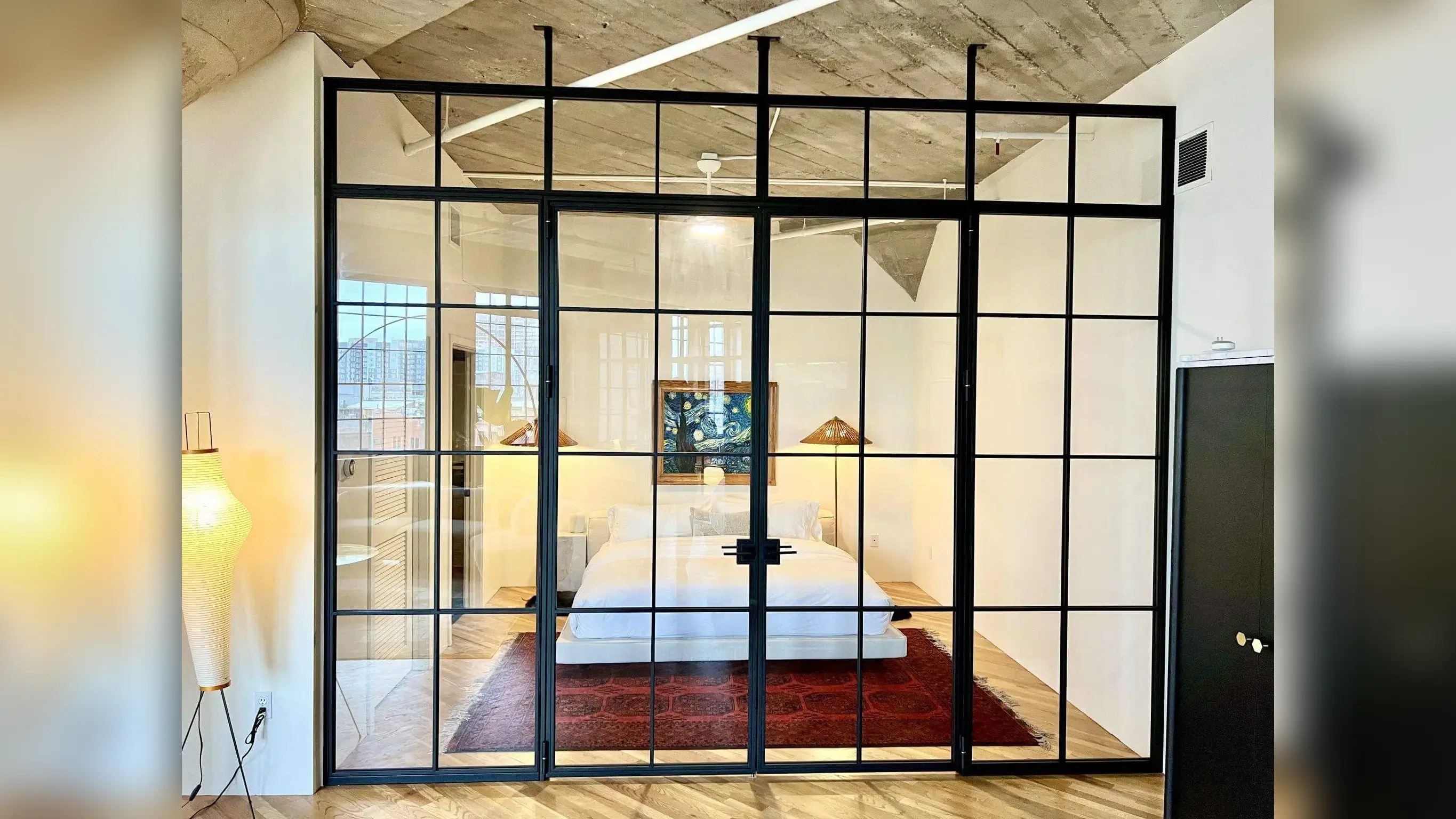 Glass Partition Wall: Double Swing Doors Steel Frame Wall