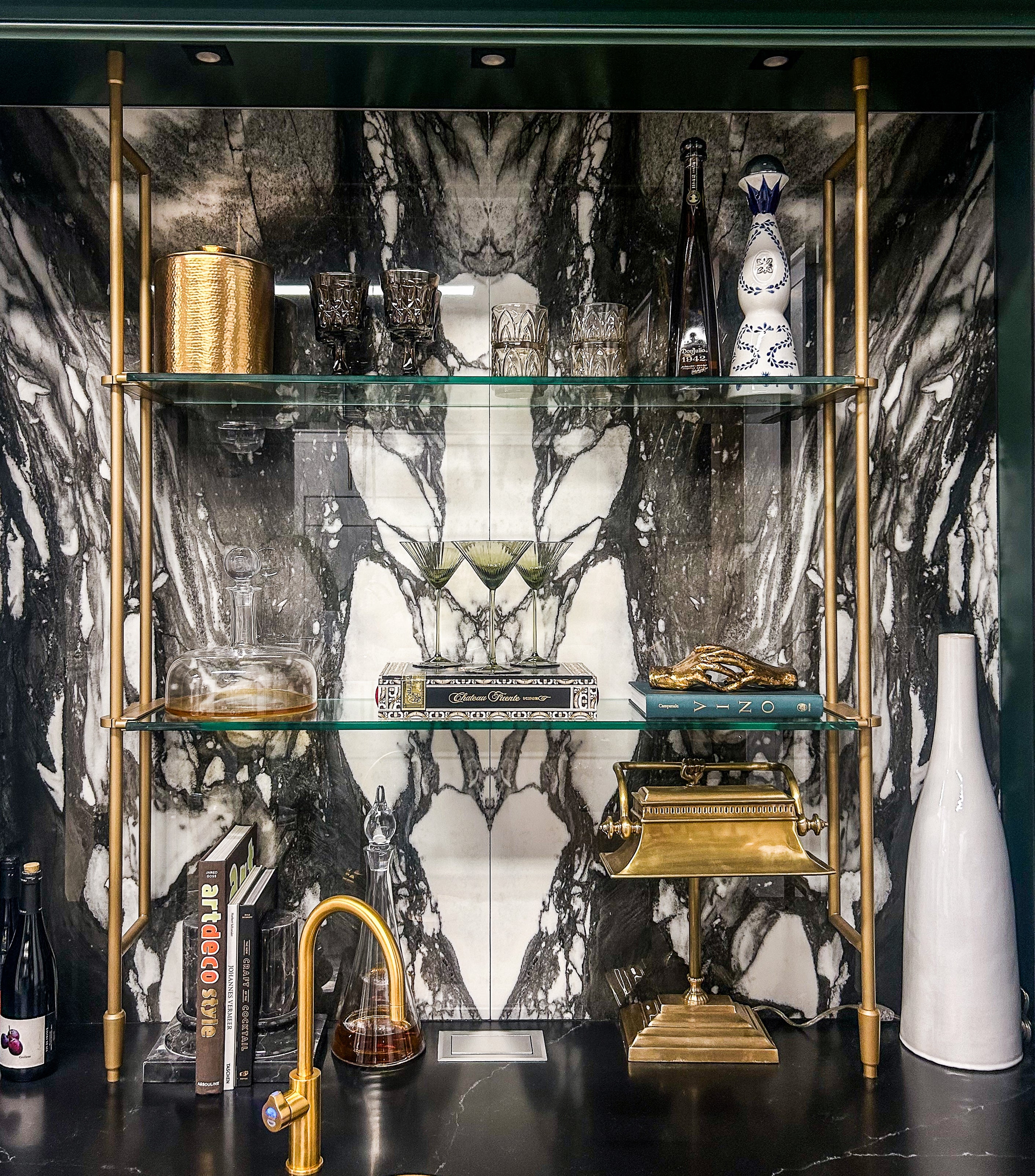 Glass Shelving Unit with Bookmatched Marble and Brass Tension Poles