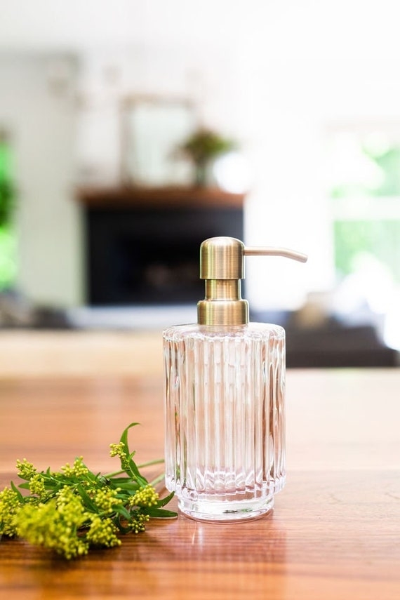 Glass Soap Dispenser Vertical Fluted Glass Brushed Brass Pump
