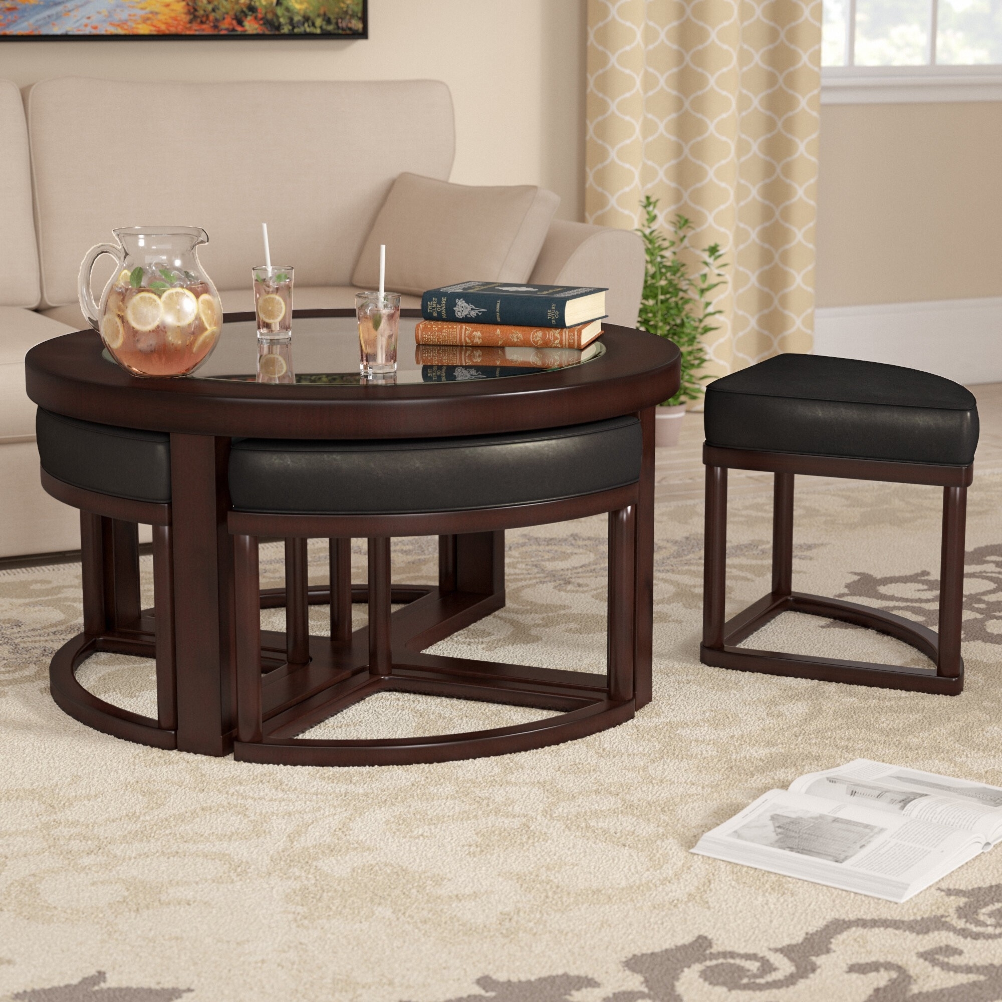 Glass Top Coffee Table Set with Nesting Wedge Stools